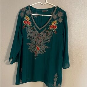 Johnny Was Teal Blouse with Floral Embroidery